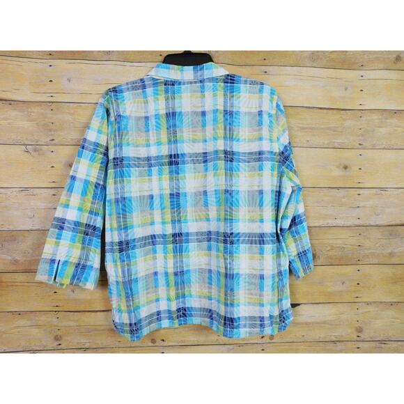 Alfred Dunner Shirt Petite 12P Blue White Plaid 3/4 Long Sleeve Button Down - Picture 4 of 7